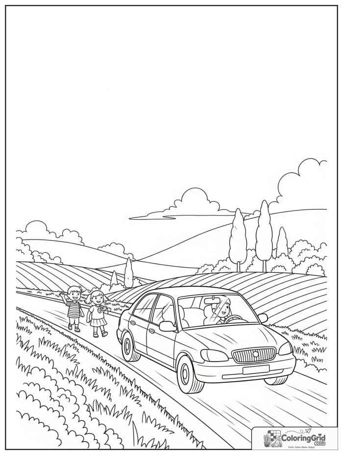 Family car on a road in black and white line art