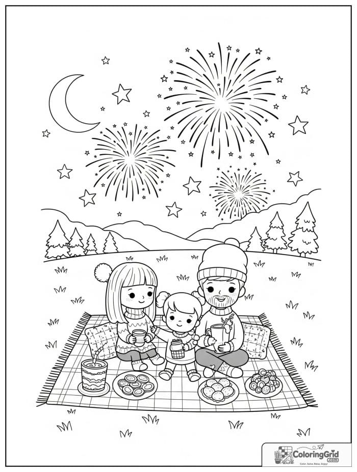 Family sitting on a blanket watching fireworks.