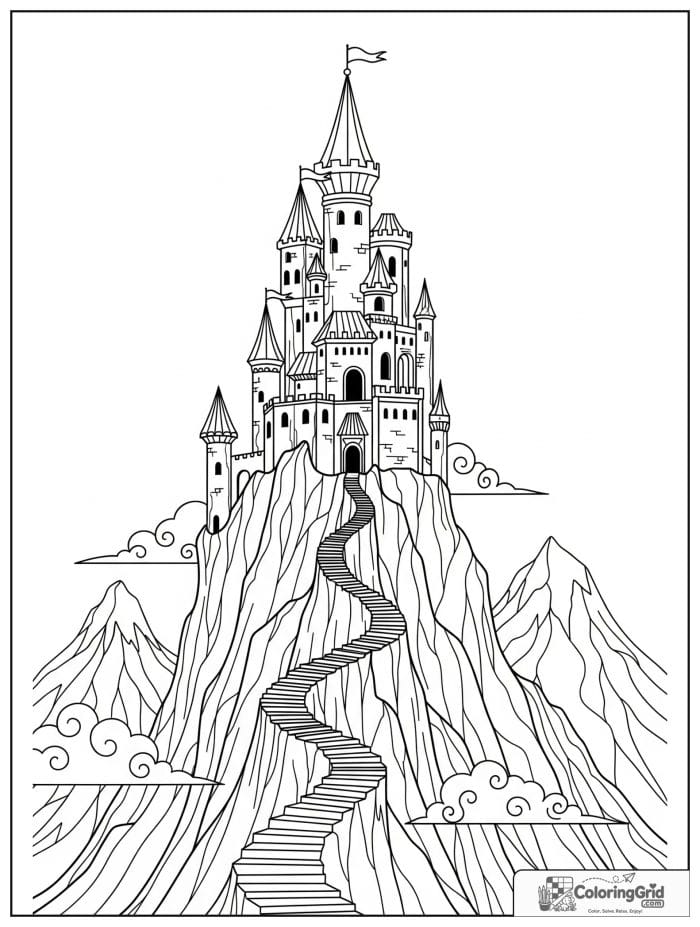 Fantasy mountain castle in black and white