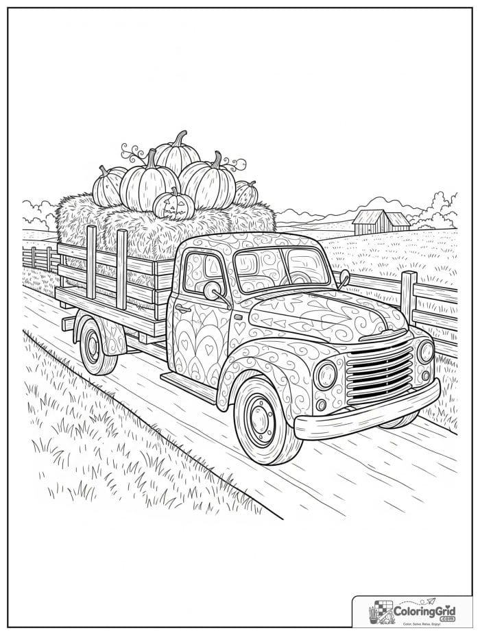Truck coloring page featuring a farm truck carrying harvest goods.