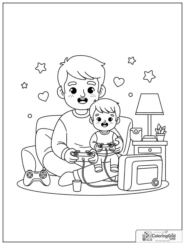 Father and child playing a video game for Father's Day.