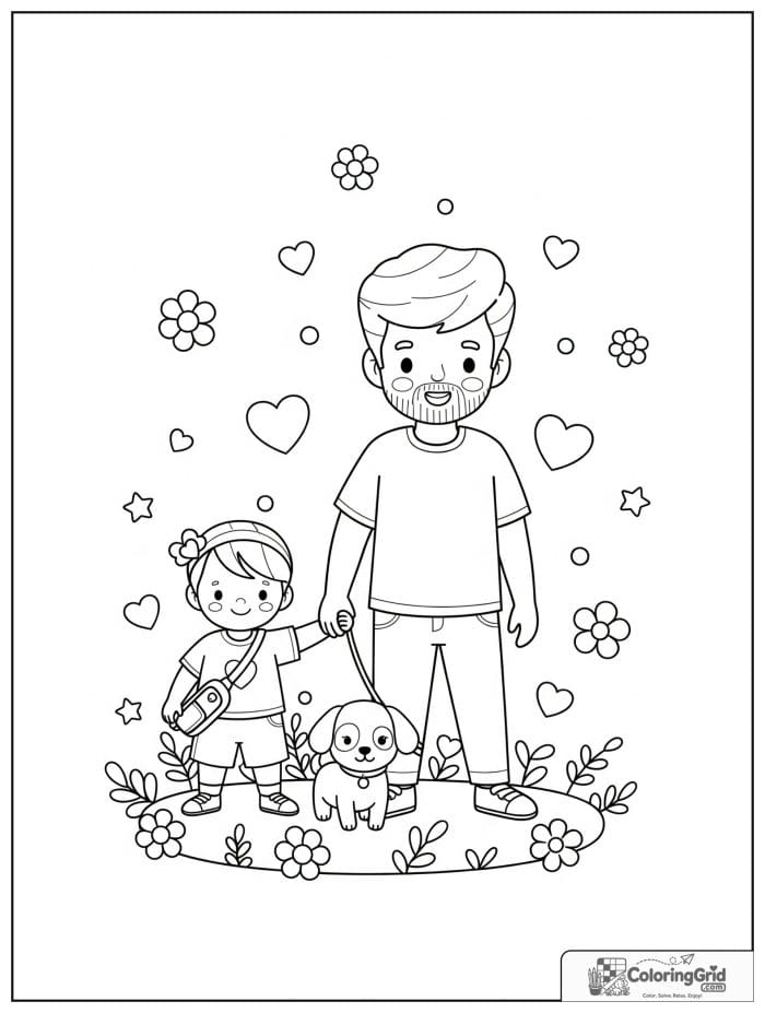 Father and child walking a dog for Father's Day.