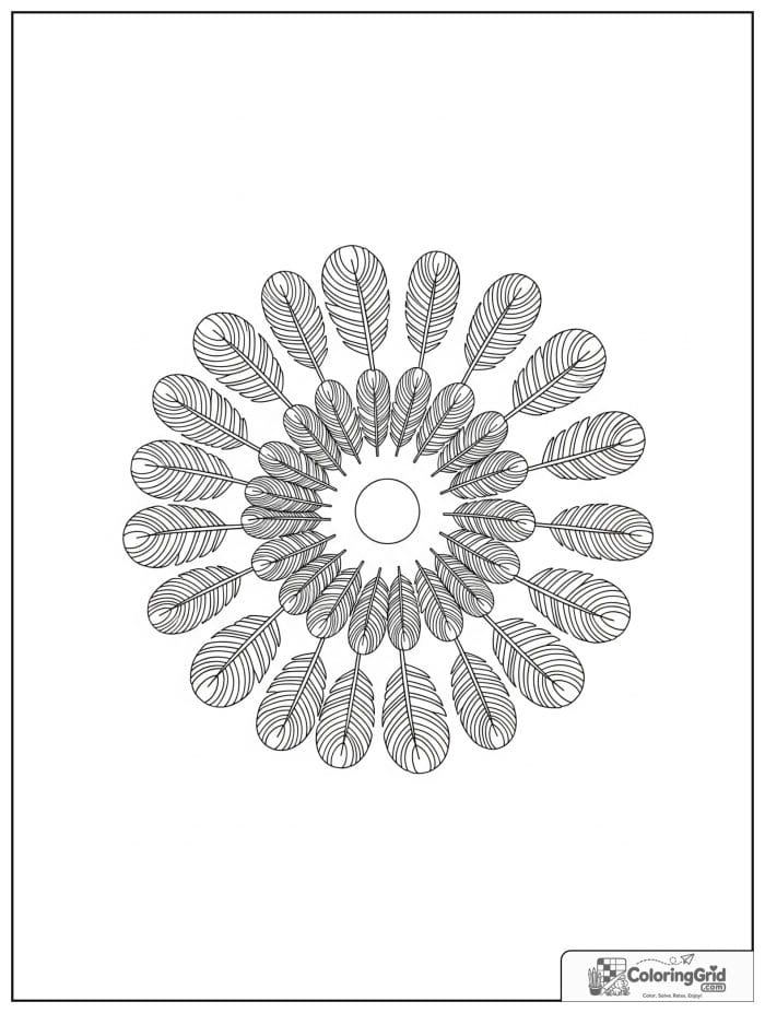 Easy mandala coloring page featuring feather shapes in a circle.