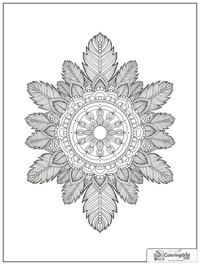 Mandala coloring page featuring a feather ring design.