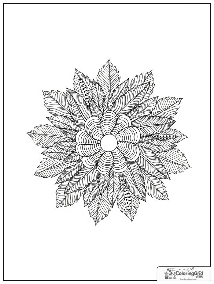 Relaxing feather ring mandala with curved plumes and concentric circles.
