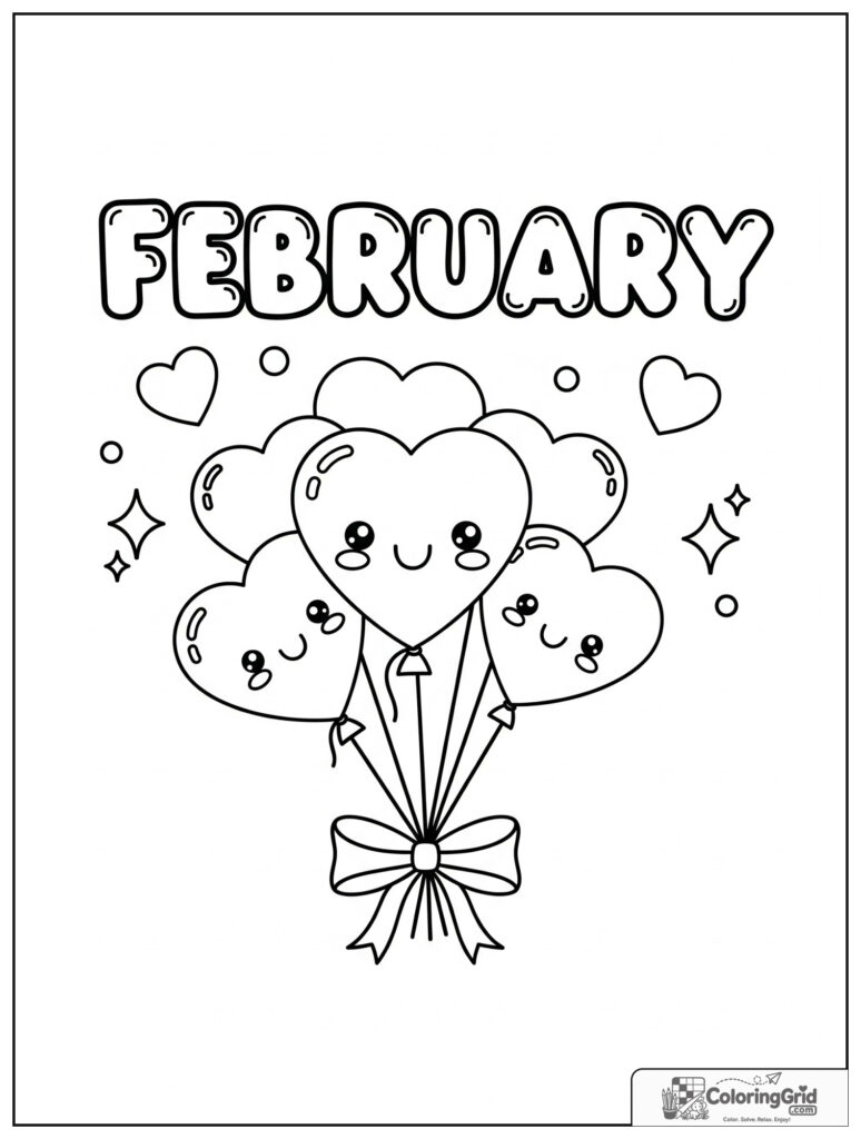 Cute February design with heart balloons and small sparkle decorations.