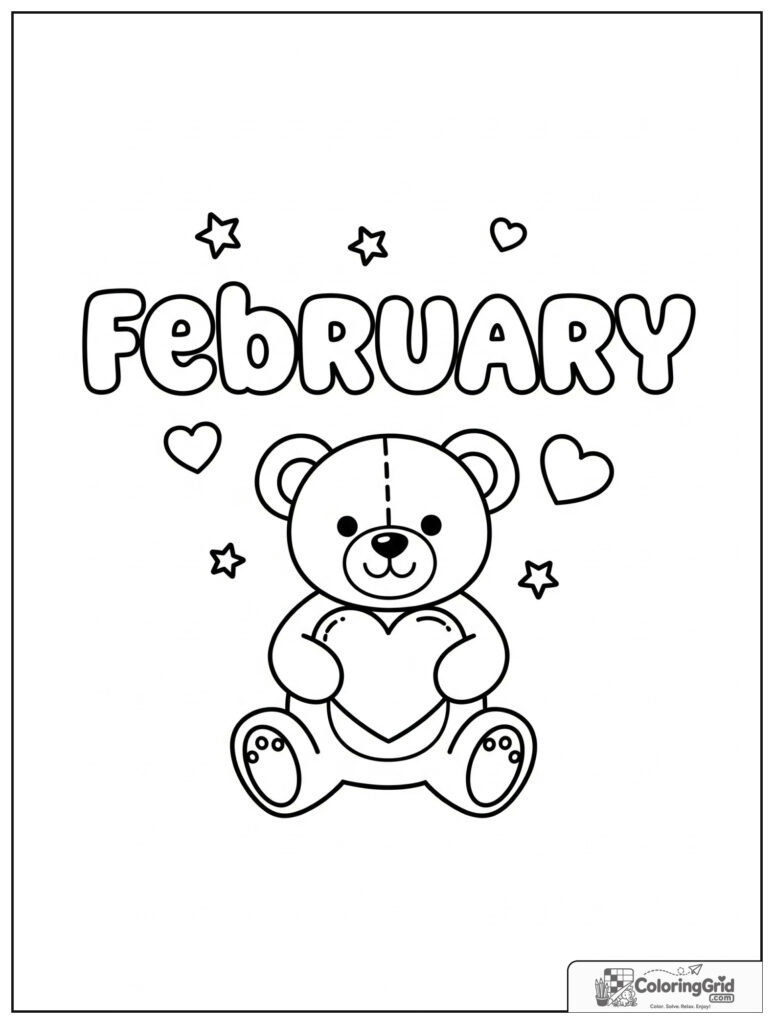 Cute February teddy bear holding a heart with small heart decorations.