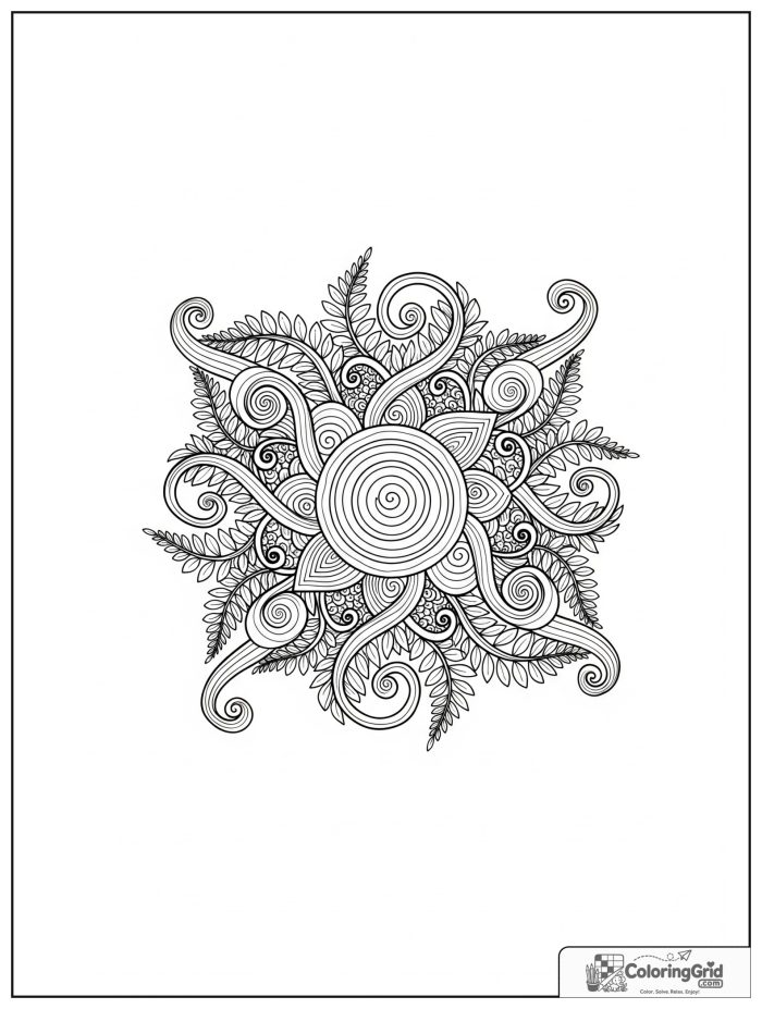 Relaxing fern mandala with spiral centers and concentric rings.