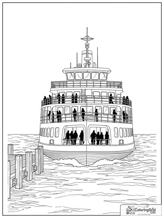 Boat coloring page featuring a ferry boat crossing the water.