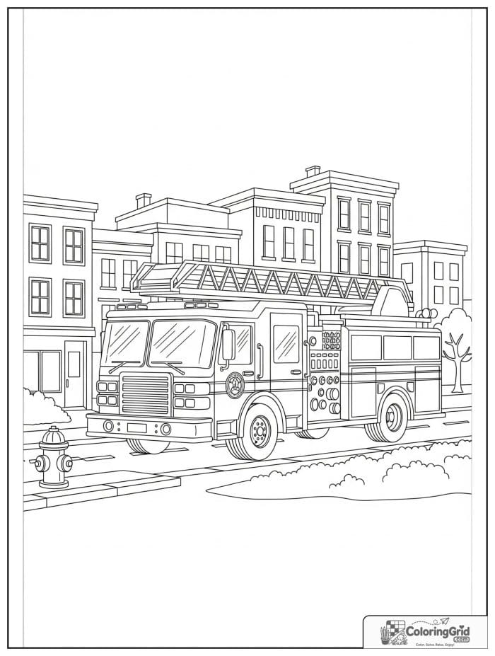 Truck coloring page featuring a fire truck on a city street.