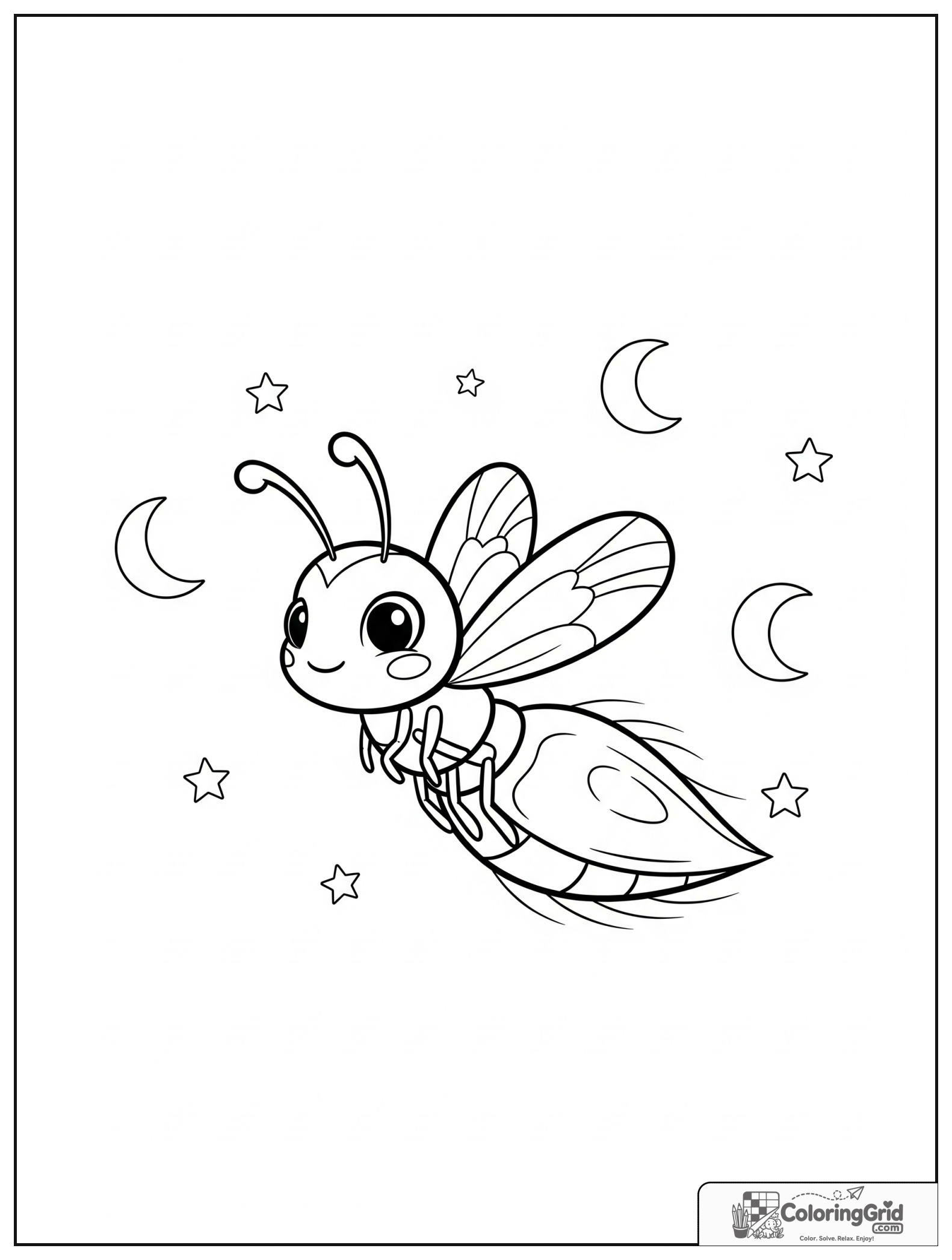 Cute firefly at night with small moon and star decorations.