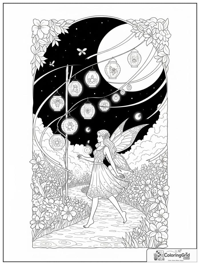 Fairy coloring page featuring a fairy walking among fireflies.