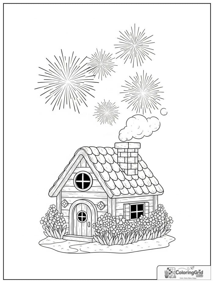 Cozy cottage with fireworks in the sky.