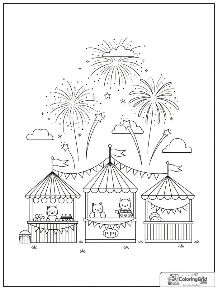 Cheerful fairground with fireworks overhead.
