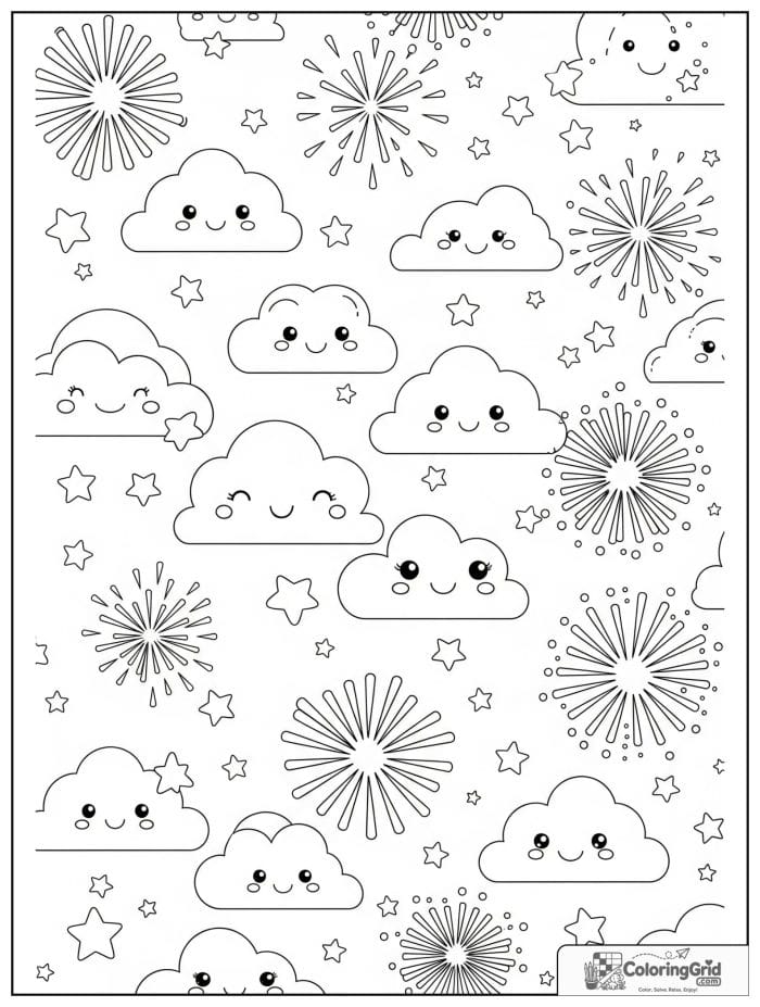 Smiling clouds with cheerful fireworks bursts.