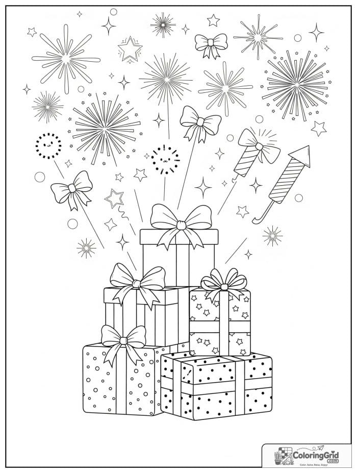 Gift boxes under a fireworks sky.