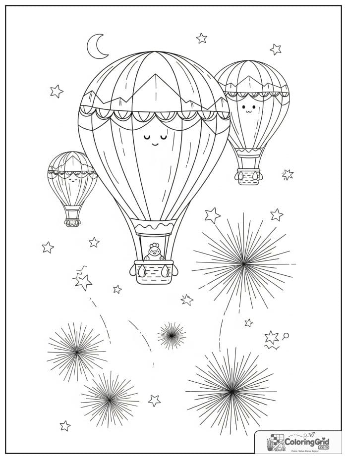 Hot air balloons floating under fireworks.