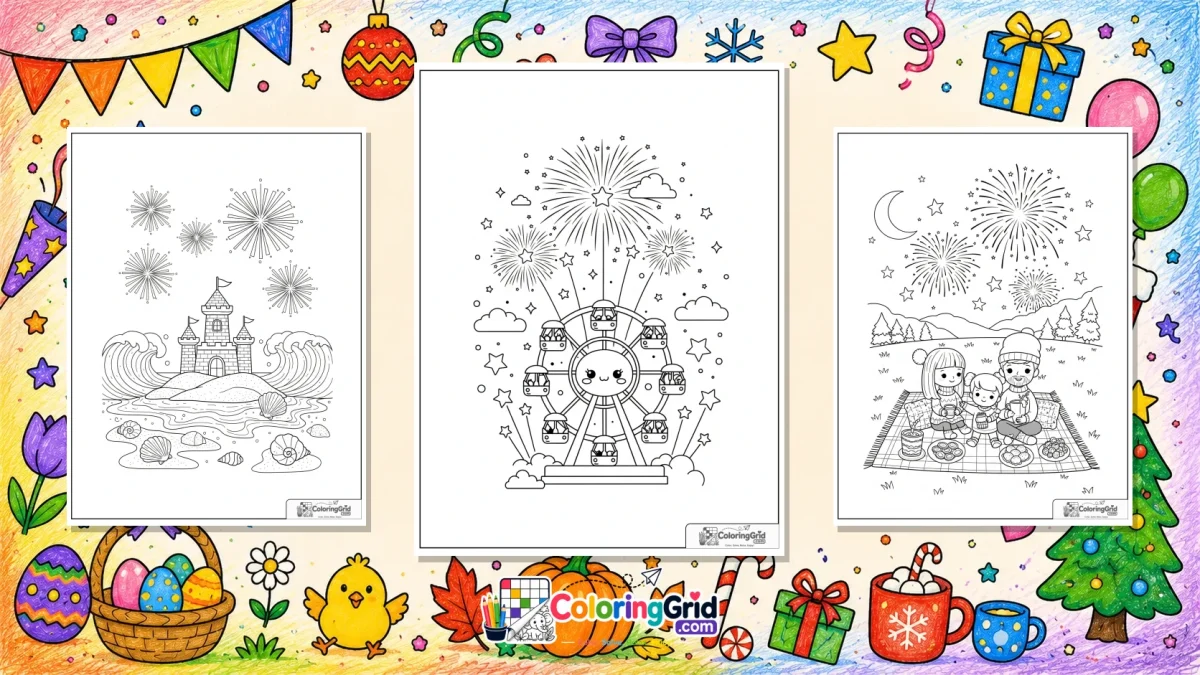 Fireworks Coloring Pages featured illustration for Fireworks Coloring Pages: Printable Fireworks Activity Pages