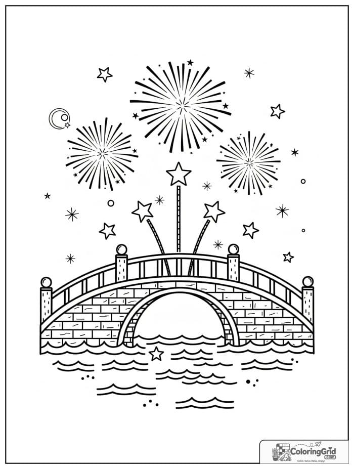 Fireworks bursting above a charming bridge.