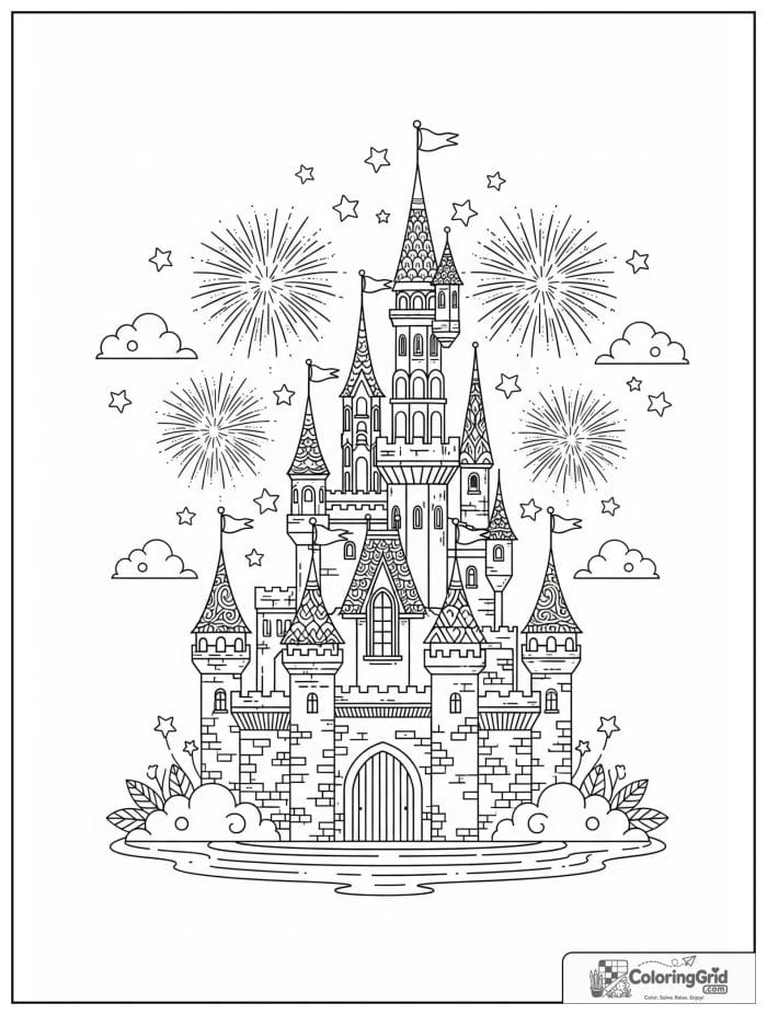 Fireworks bursting above a magical castle.