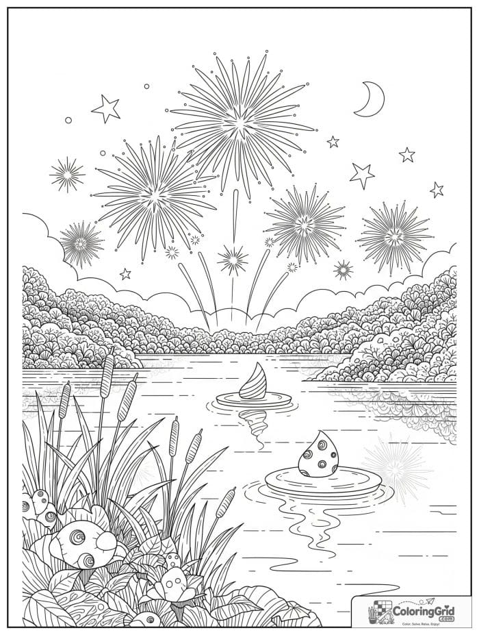 Fireworks over a calm lake scene.