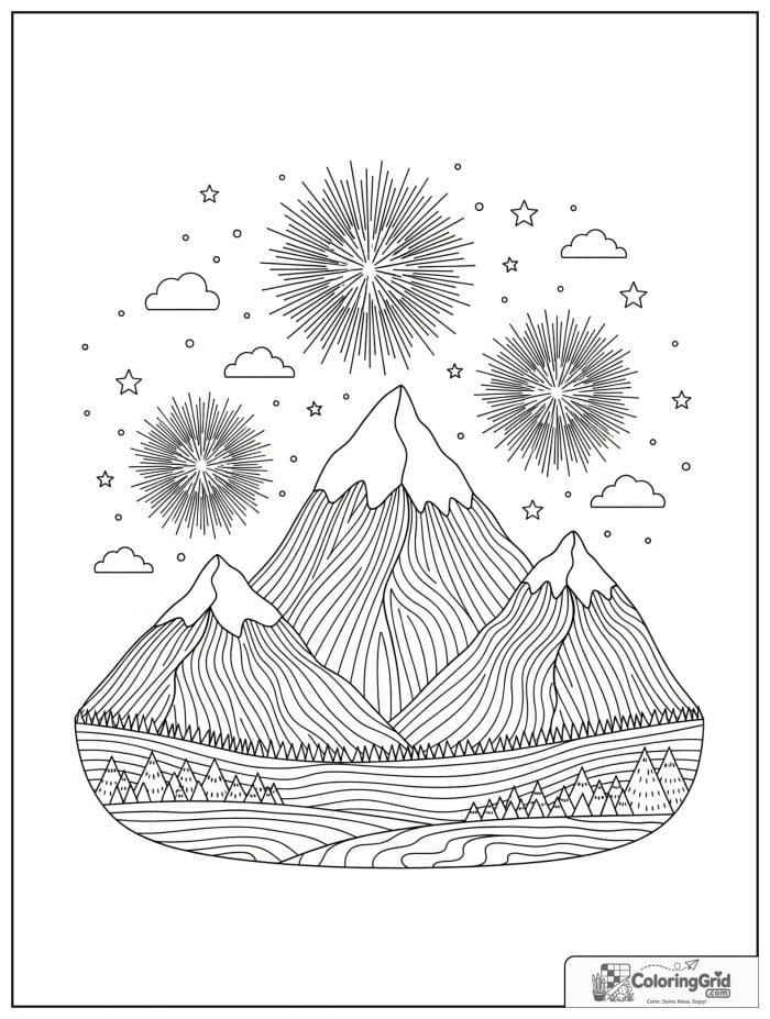 Fireworks over a mountain landscape.