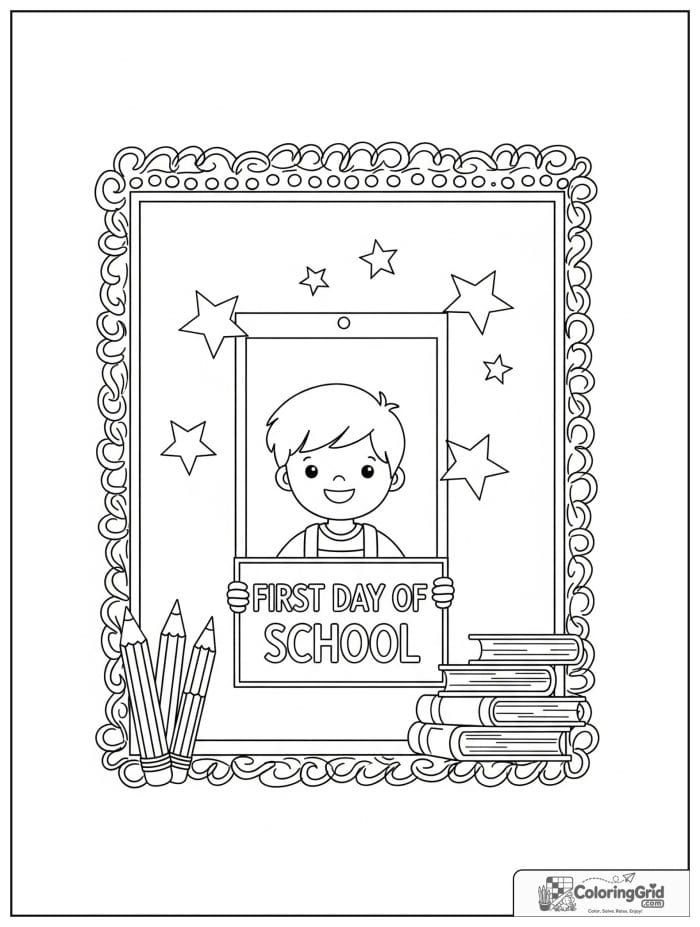 Back to school coloring page featuring a first day photo frame scene.