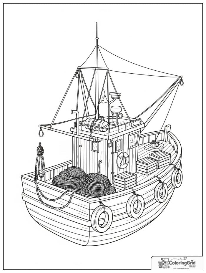 Boat coloring page featuring a fishing boat with nets and crates.