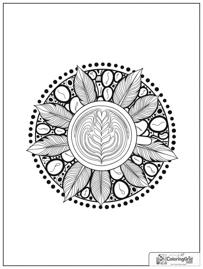 Flat white feather mandala with latte art petals and bean arcs.