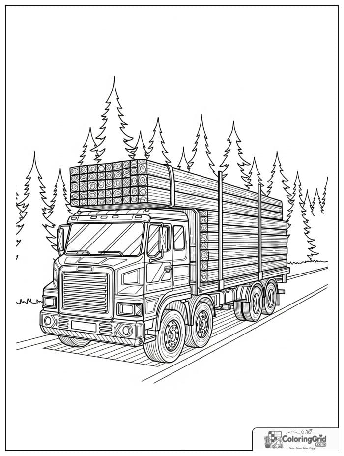 Truck coloring page featuring a flatbed truck carrying lumber.