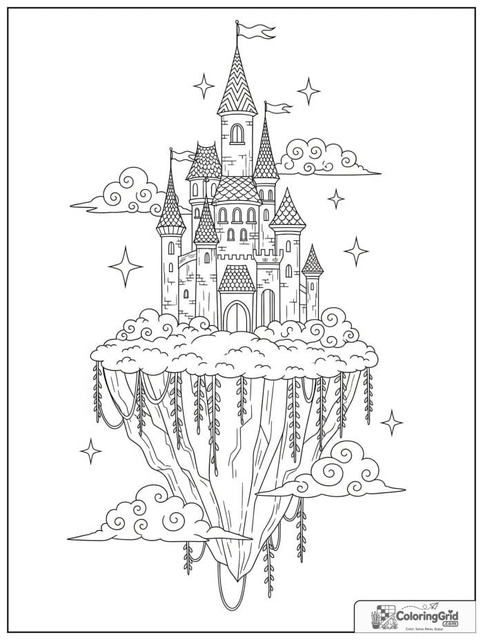 Castle coloring page featuring a floating fantasy castle.