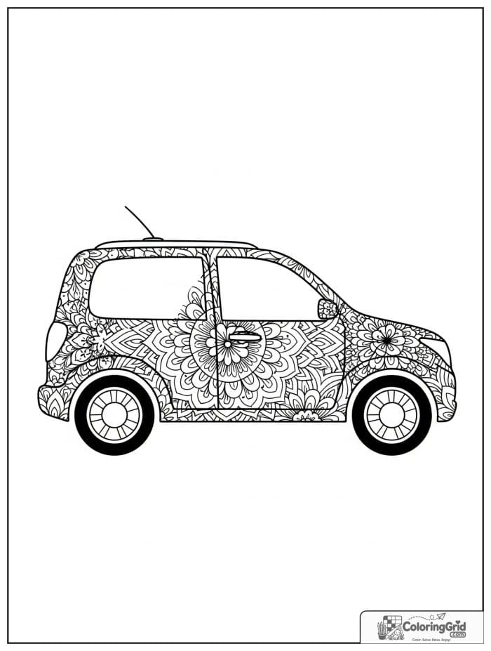 Floral car mandala in black and white artwork
