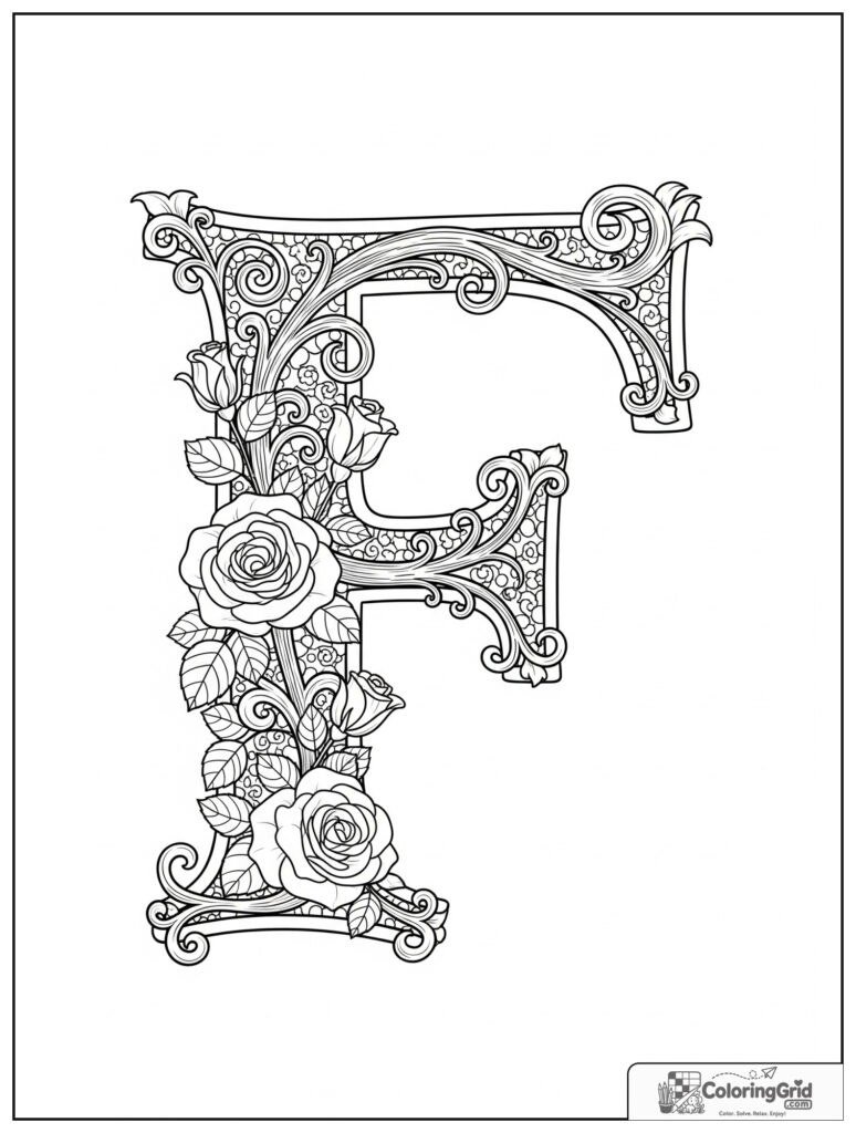 Floral filigree letter F adult alphabet coloring design