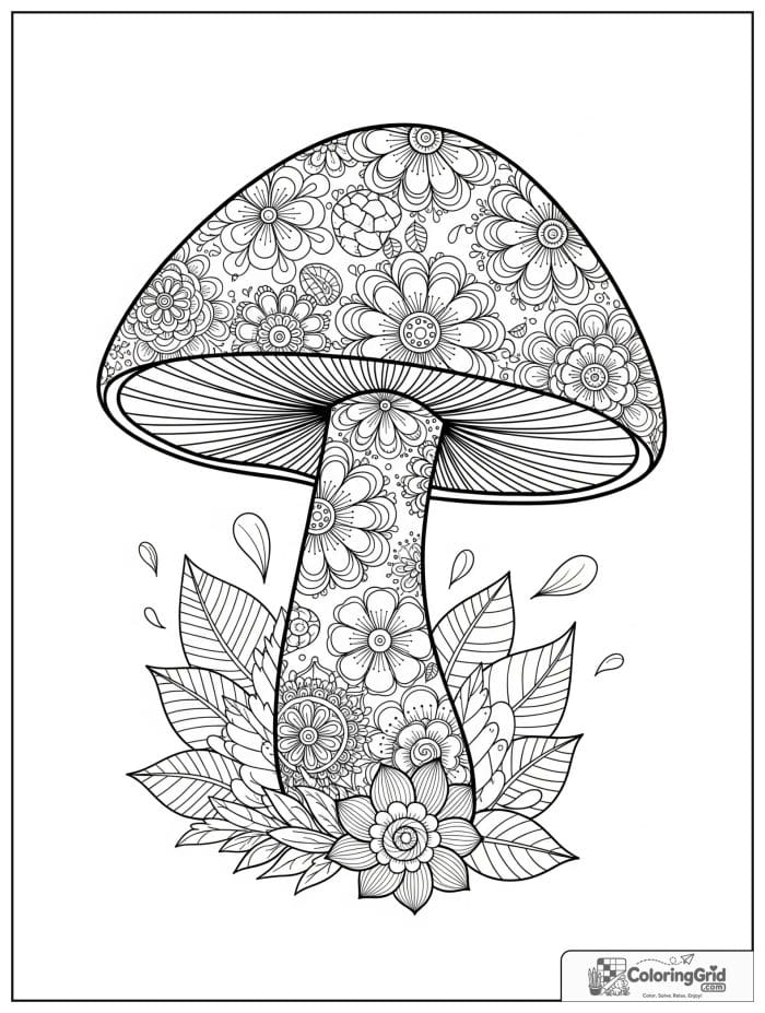 Floral mushroom mandala black and white artwork