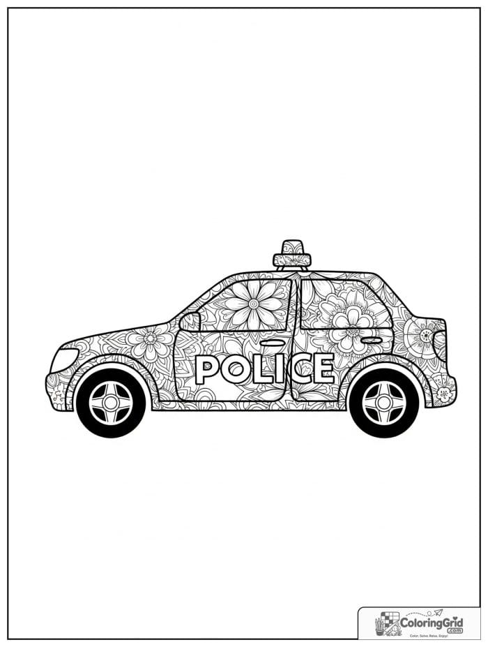 Floral police car mandala black and white illustration