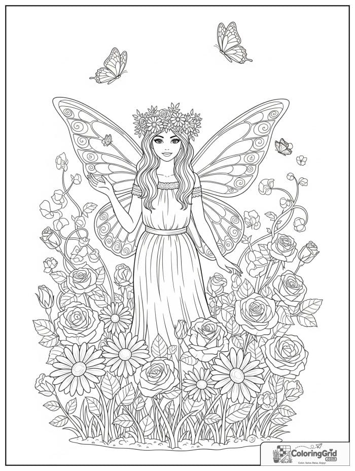Fairy coloring page featuring a fairy with a flower crown in a garden.