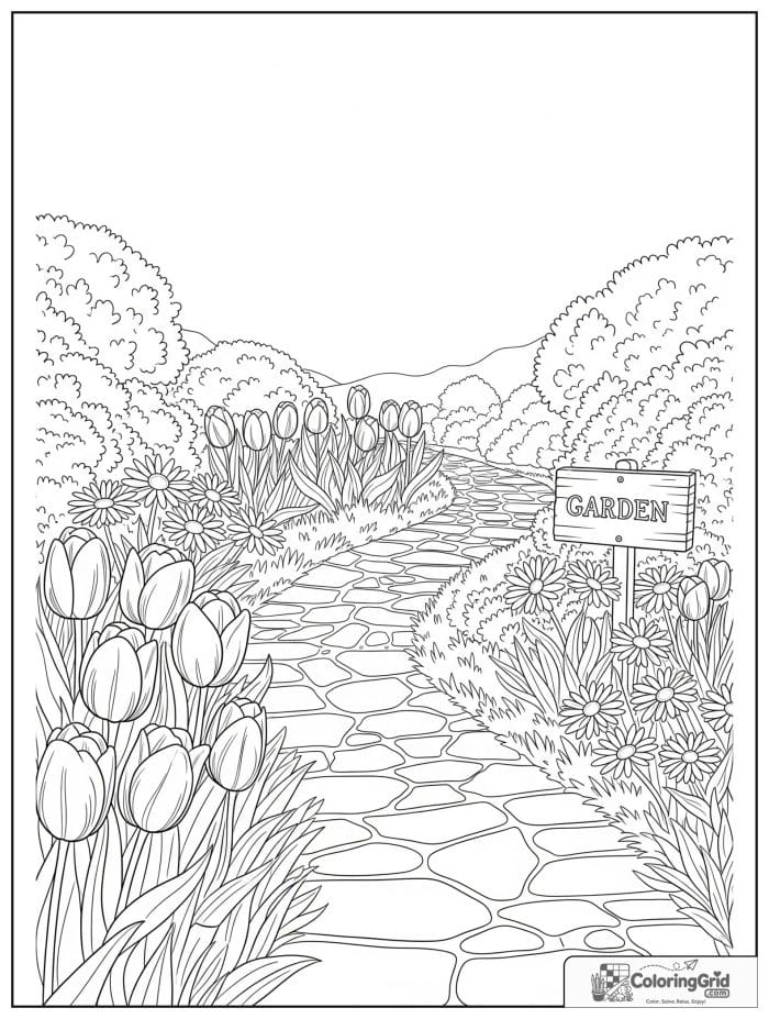 Garden coloring page featuring a flower garden with a curved path.