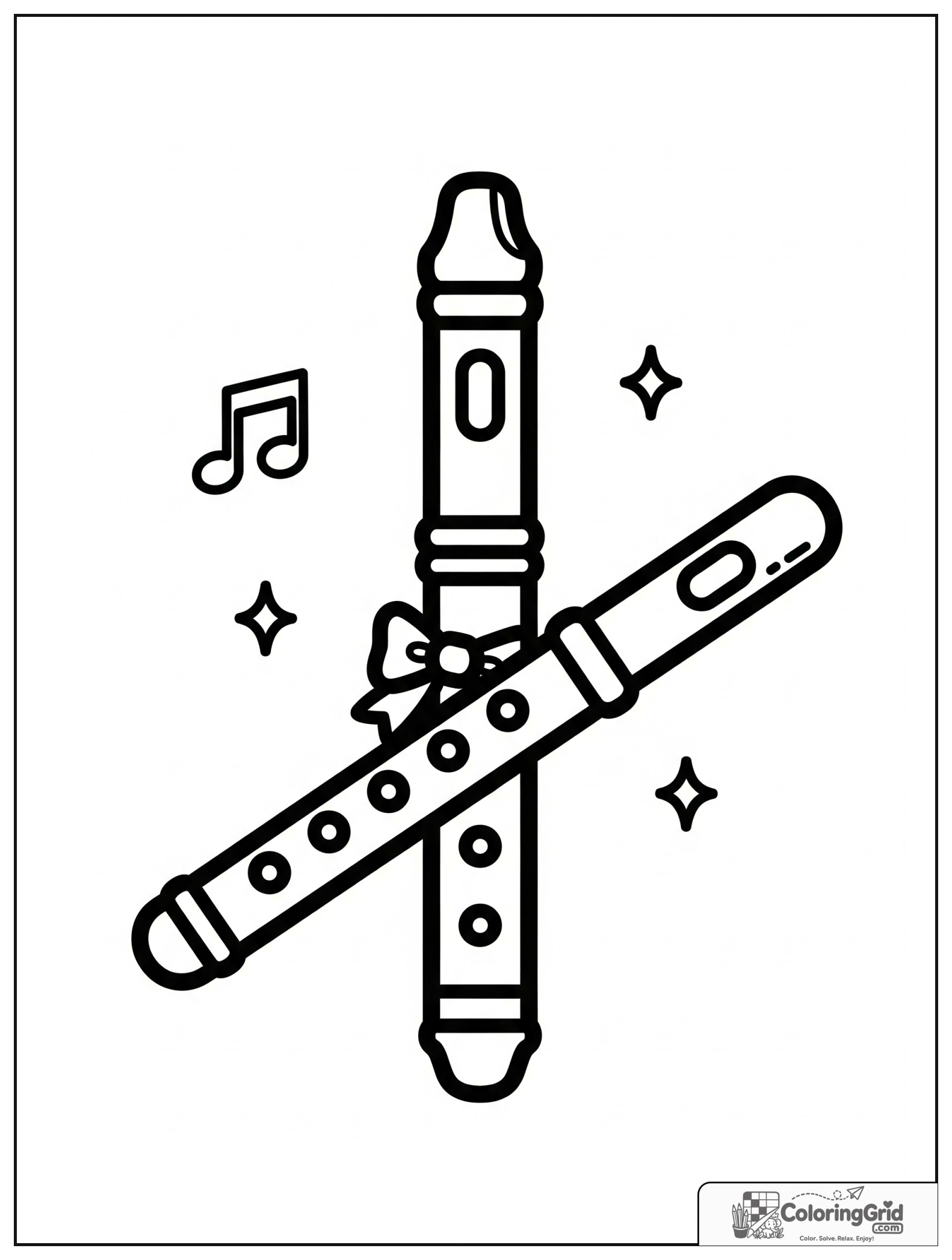 Cute smiling flute with ribbon and small music note decorations.