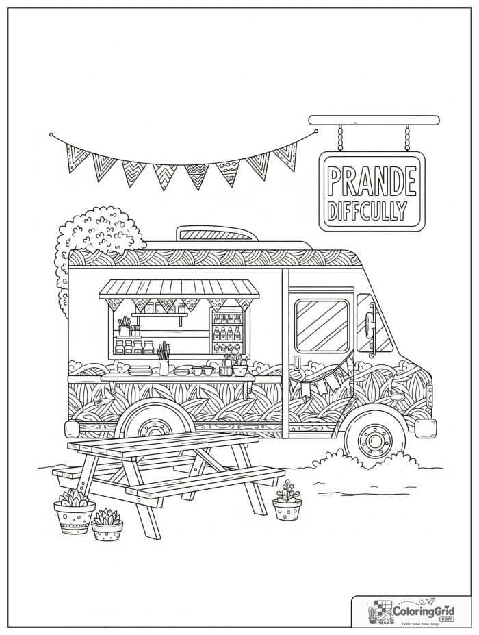Truck coloring page featuring a food truck in a city park.