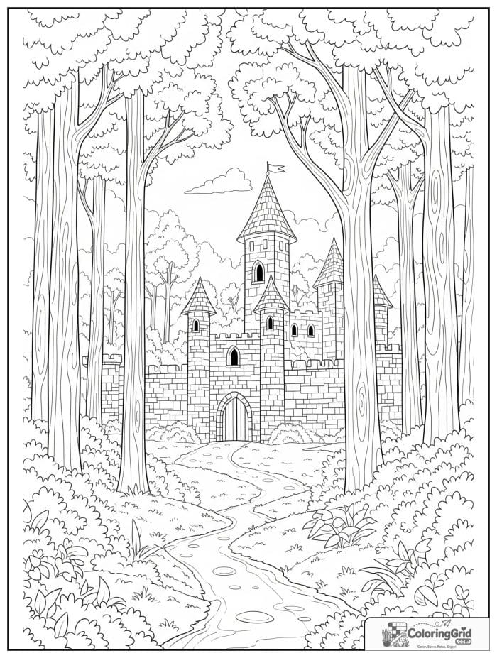 Castle coloring page featuring a castle in a forest clearing.