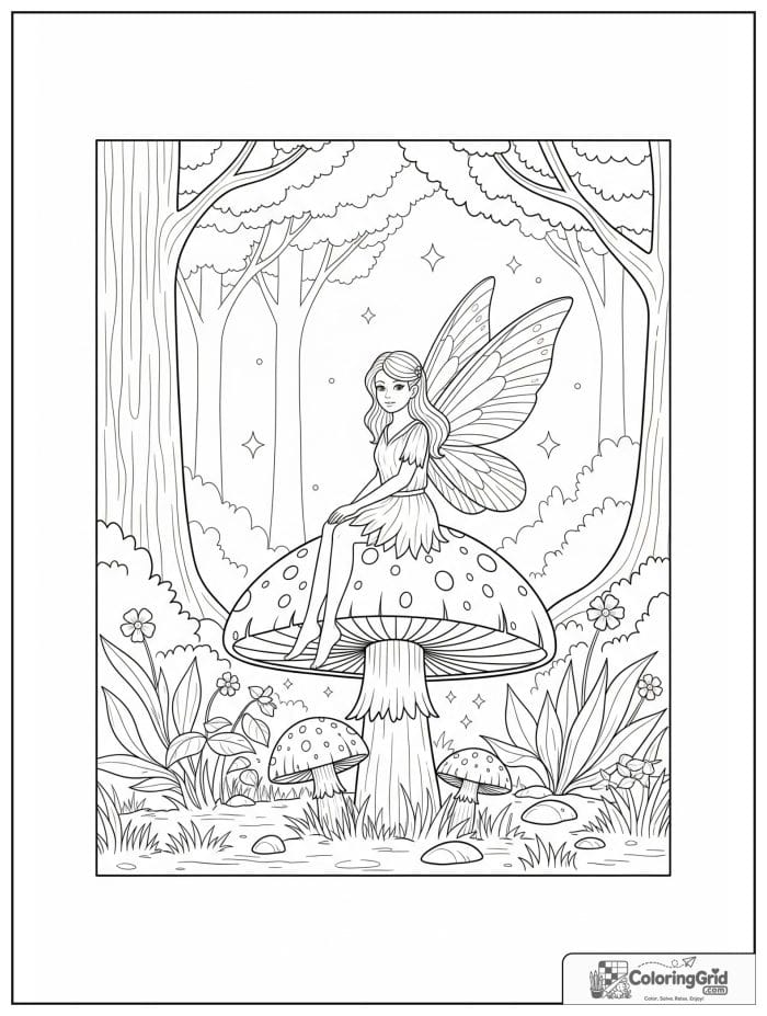 Fairy coloring page featuring a forest fairy sitting on a mushroom.