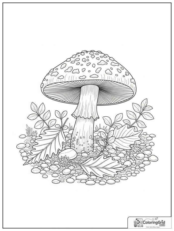 Forest floor mushroom scene in black and white line art