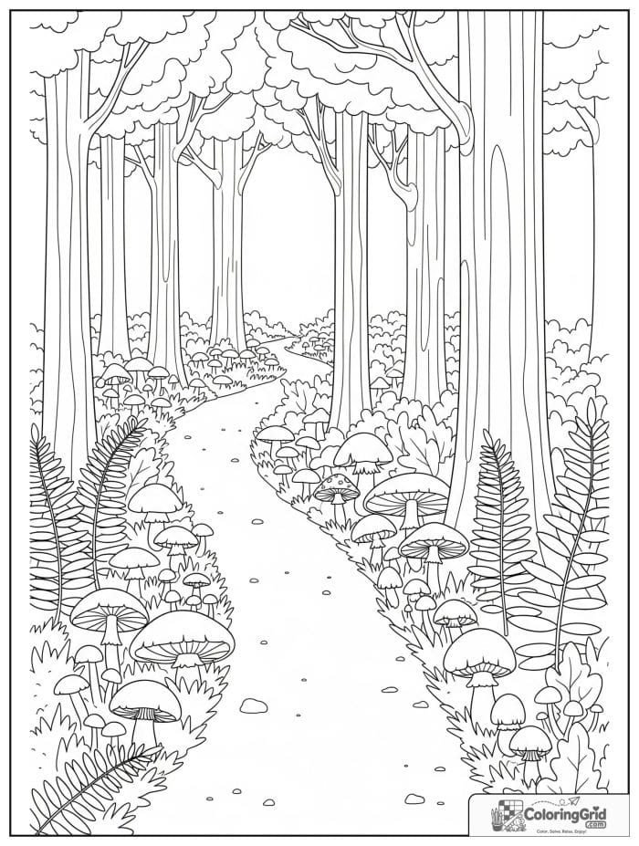 Forest path lined with mushrooms in black and white