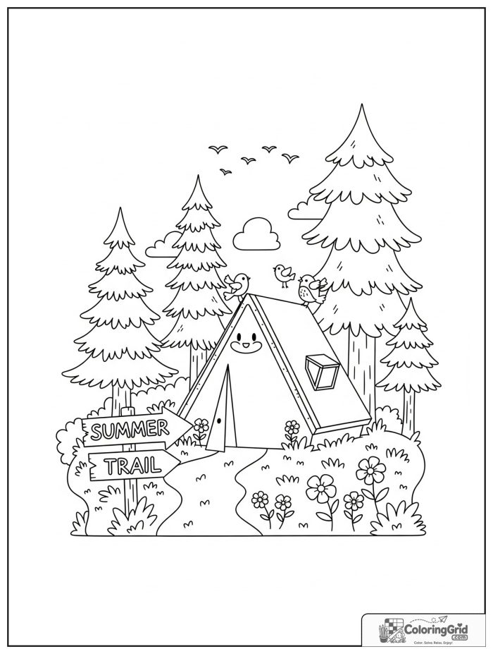 Summer Camp Coloring Pages featuring a forest trail with an arrow sign.