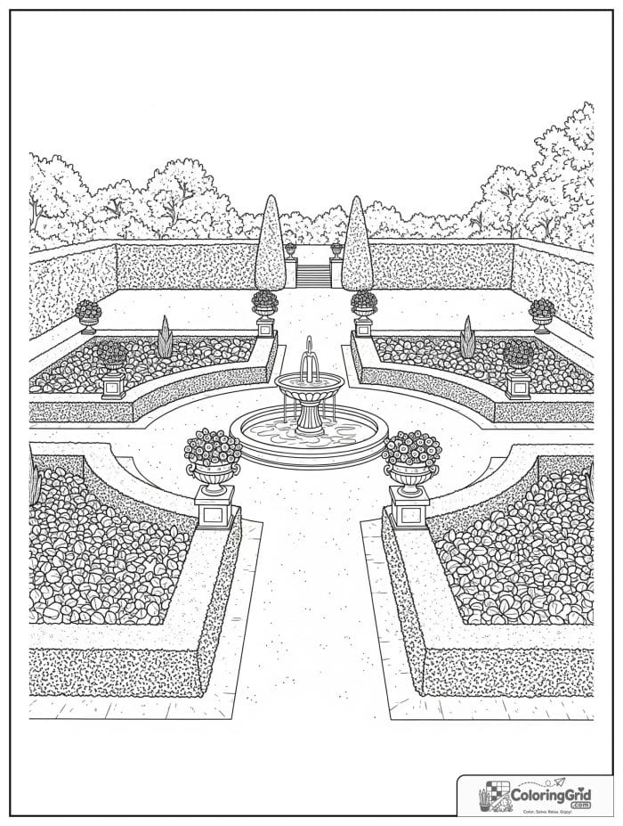 Garden coloring page featuring a formal geometric garden.