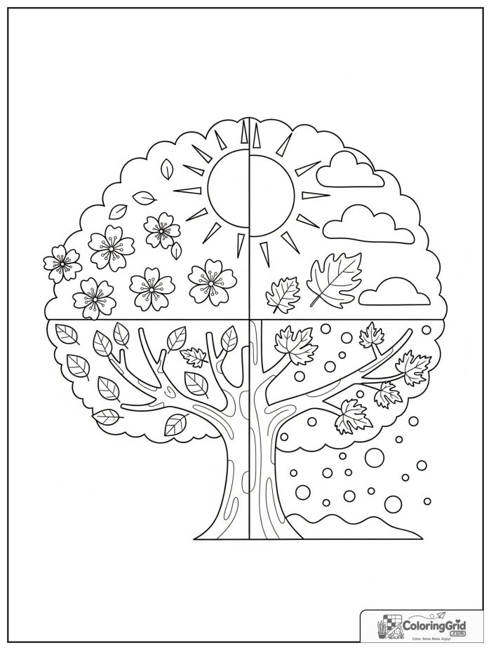 Weather Coloring Pages for Seasons showing a four seasons tree weather scene.