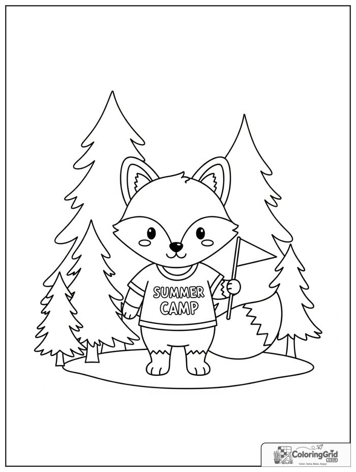 Summer Camp Coloring Pages showing a fox in a camp shirt.