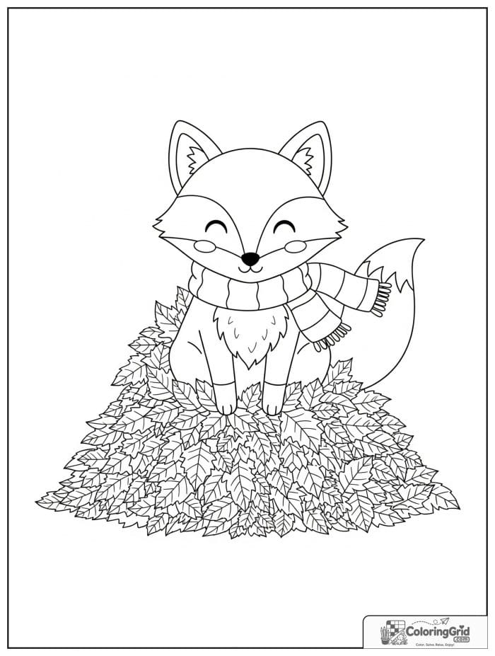 Autumn Leaves Coloring Pages featuring a fox in a leaf pile.