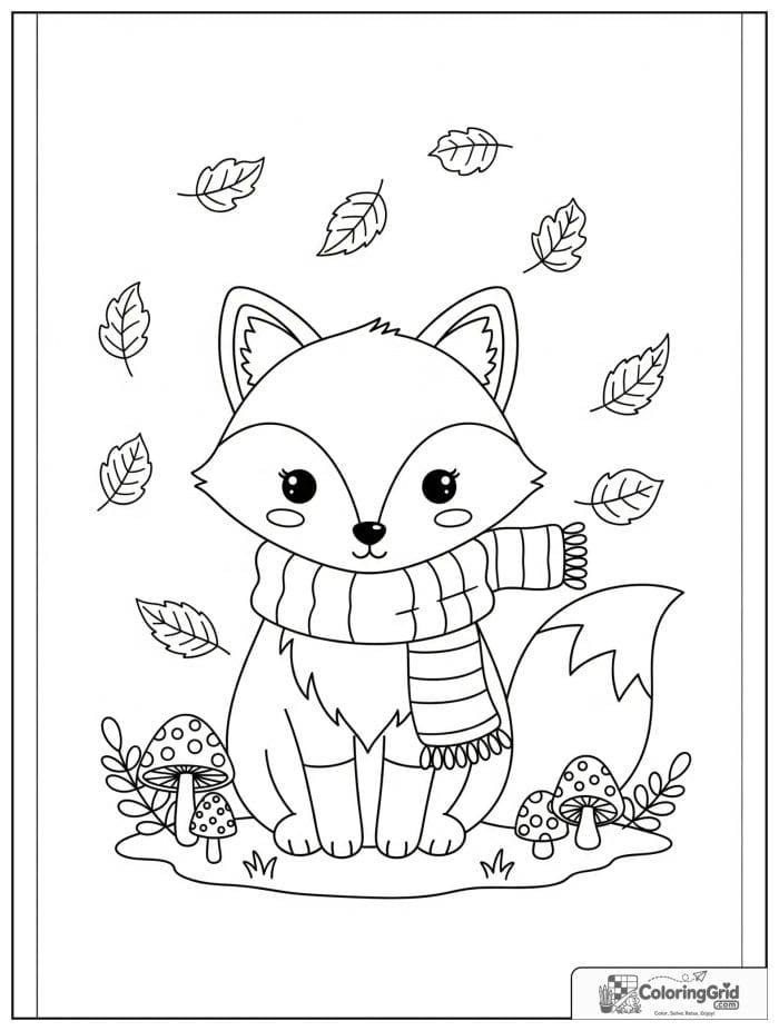 Fall Coloring Pages featuring a fox with a scarf and leaves.