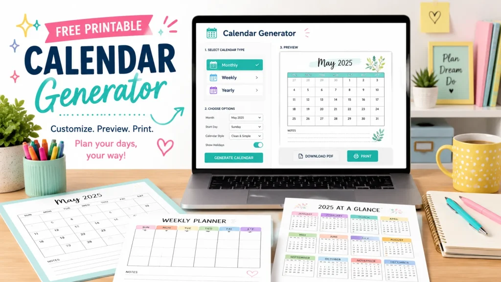 Free printable calendar generator with monthly weekly and yearly calendar options